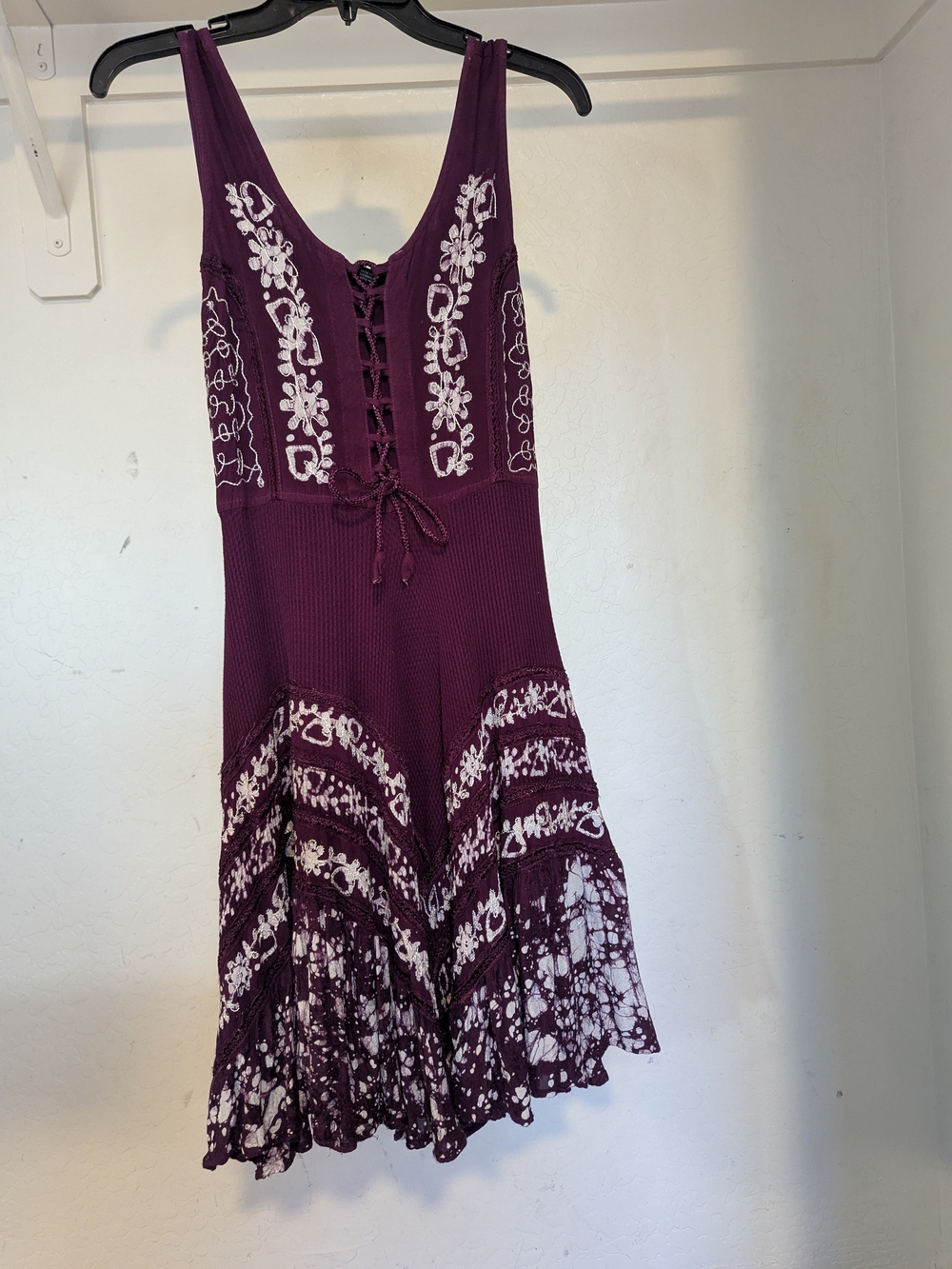 Flower Burgundy Embroidered Boho Rayon Dress Size S/M Made in India